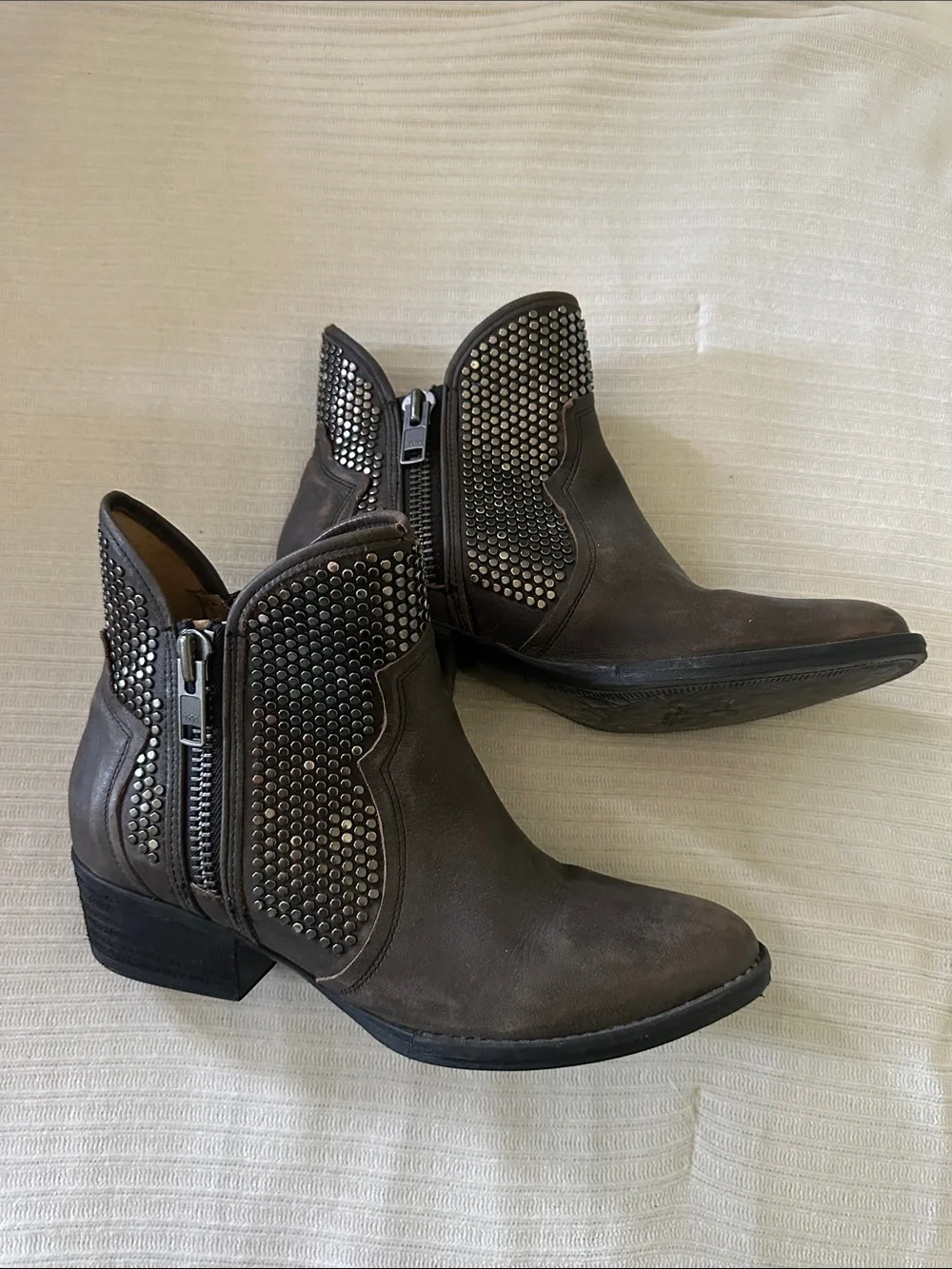 Studded Brown Leather Ankle Booties with Side Zip